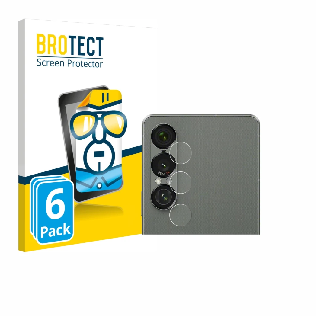 Face avant d’un emballage produit avec le logo de la marque BROTECT. À côté, l’appareil Sony Xperia 1 VII (Caméra UNIQUEMENT)