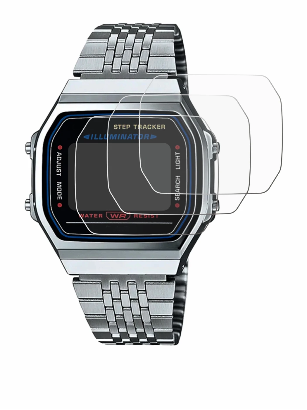Image de l'appareil Casio iconic ABL-100WE-1A avec une grande variété de protections d'écran.