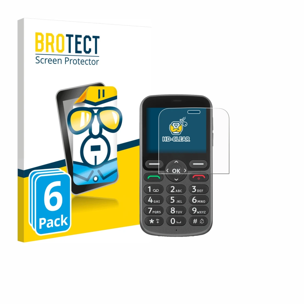Face avant d’un emballage produit avec le logo de la marque BROTECT. À côté, l’appareil Doro 1380 est représenté avec la prote
