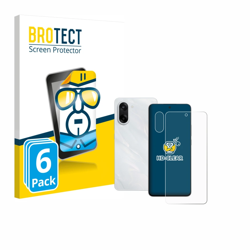 Face avant d’un emballage produit avec le logo de la marque BROTECT. À côté, l’appareil OnePlus Nord CE 5 (Avant+Caméra) est r