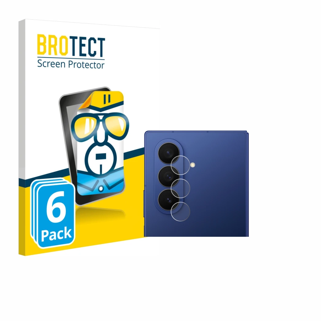 Face avant d’un emballage produit avec le logo de la marque BROTECT. À côté, l’appareil Samsung Galaxy Z Fold 7 (Caméra UNIQUE