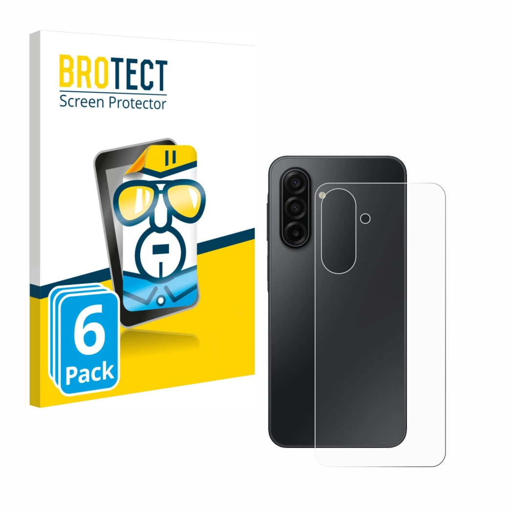 Face avant d’un emballage produit avec le logo de la marque BROTECT. À côté, l’appareil Samsung Galaxy A17 5G (Arrière) est re