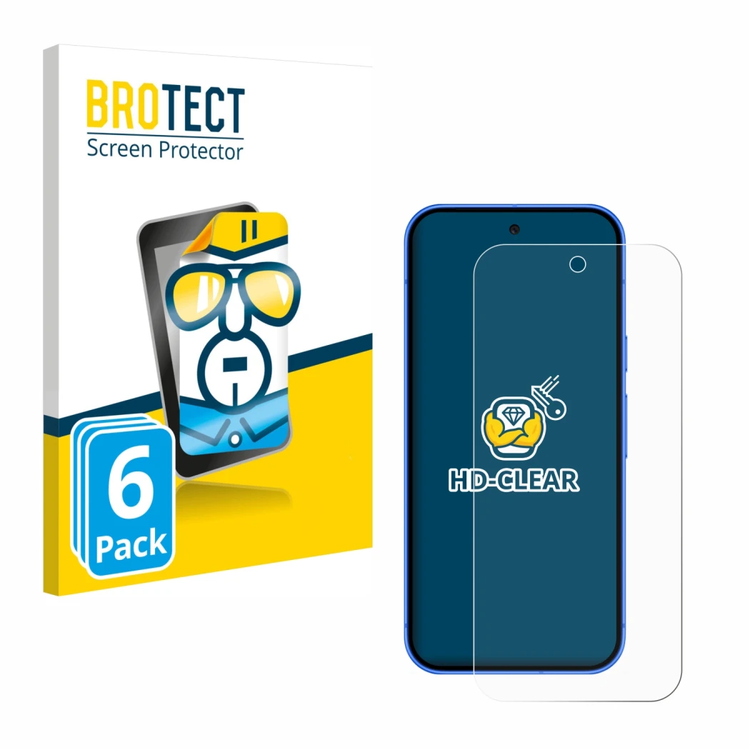 Face avant d’un emballage produit avec le logo de la marque BROTECT. À côté, l’appareil Google Pixel 10 est représenté avec la