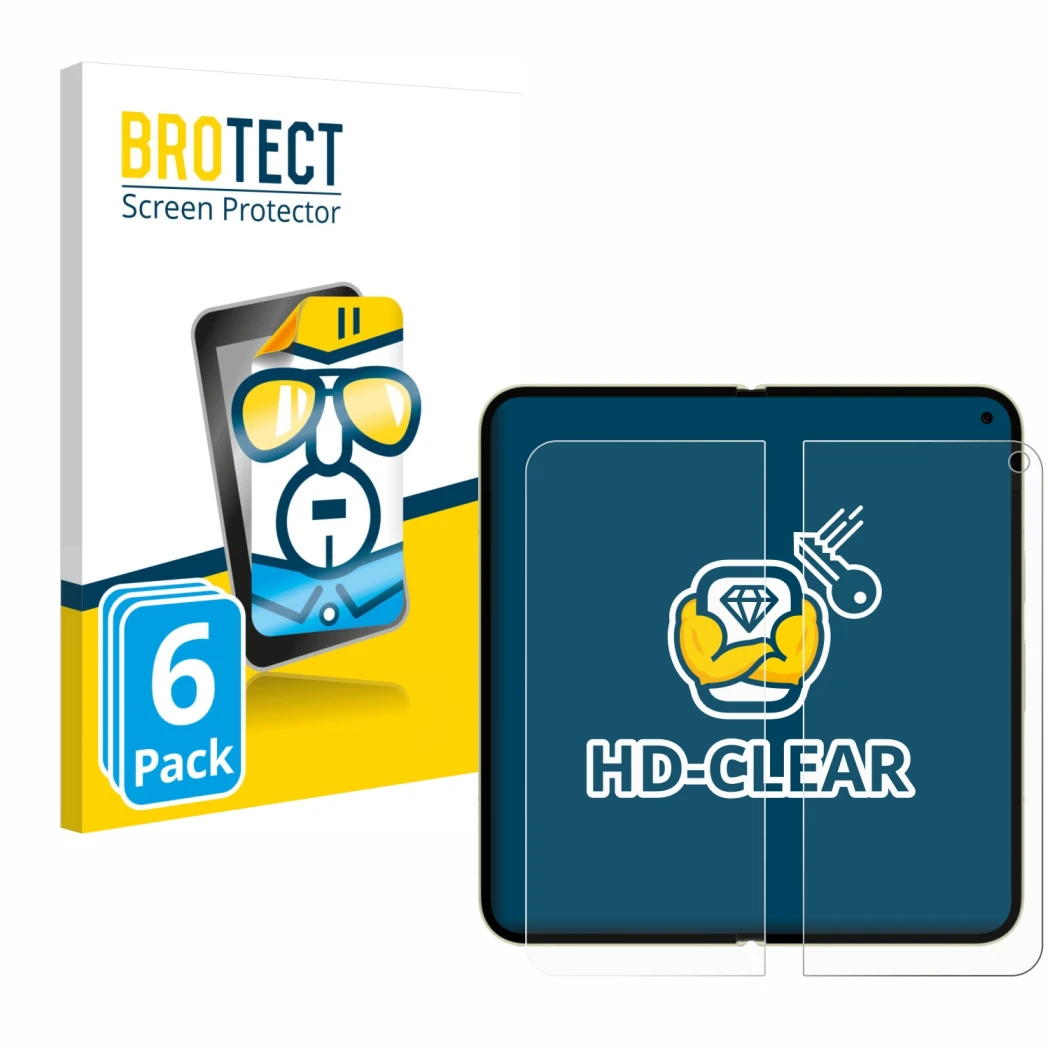 Face avant d’un emballage produit avec le logo de la marque BROTECT. À côté, l’appareil Google Pixel 10 Pro Fold (Affichage in