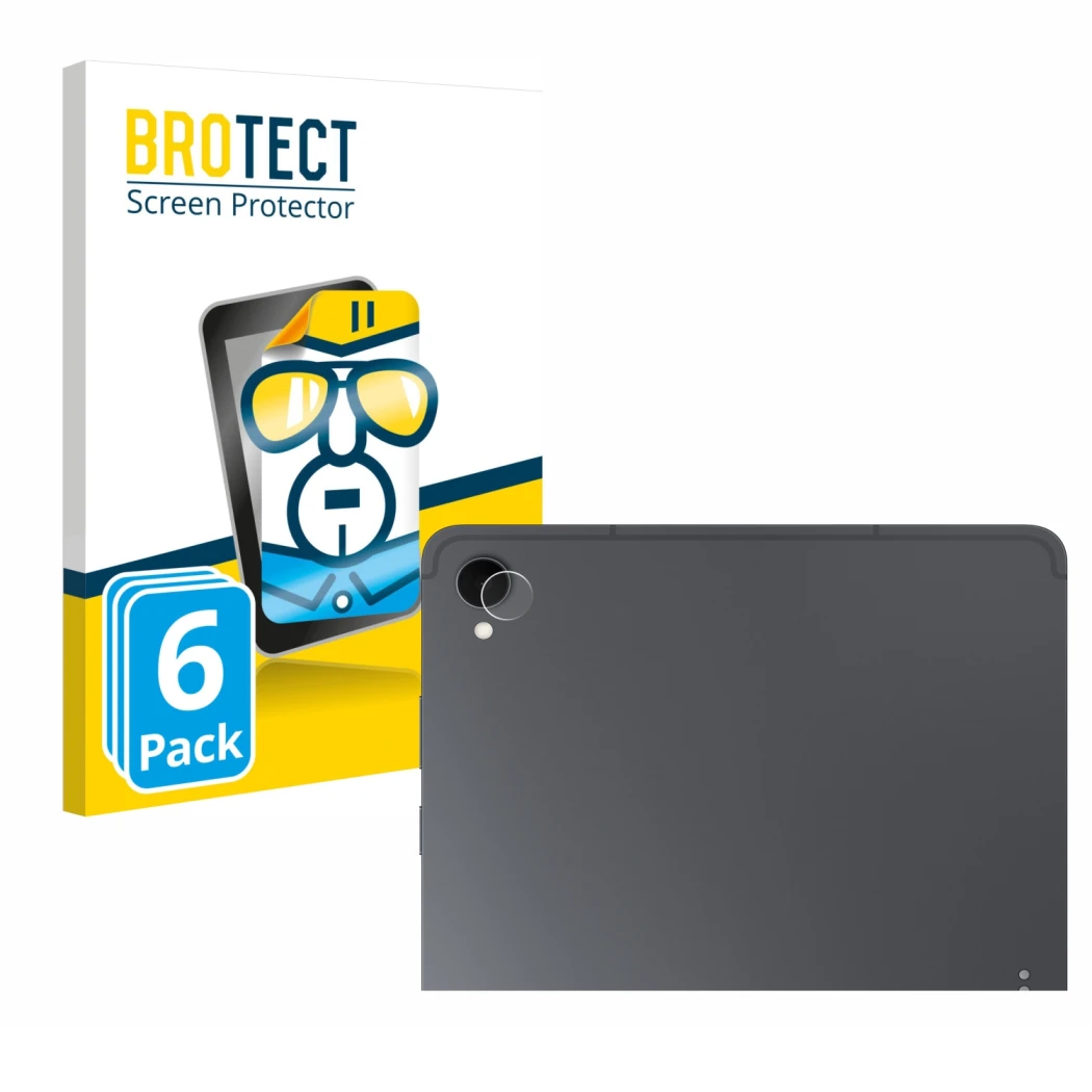 Face avant d’un emballage produit avec le logo de la marque BROTECT. À côté, l’appareil Samsung Galaxy Tab S11 (Caméra UNIQUEM