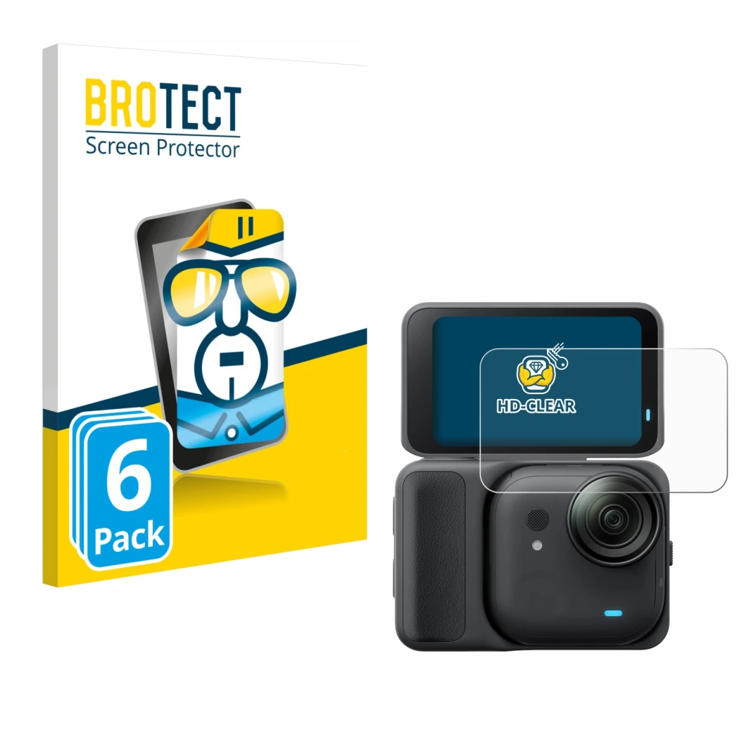 Face avant d’un emballage produit avec le logo de la marque BROTECT. À côté, l’appareil Insta360 Go Ultra est représenté avec 