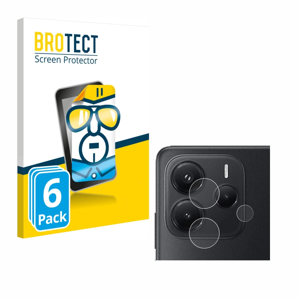 Face avant d’un emballage produit avec le logo de la marque BROTECT. À côté, l’appareil Xiaomi Redmi Note 14 4G (Caméra UNIQUE