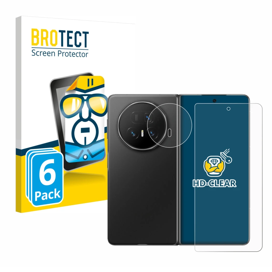 Face avant d’un emballage produit avec le logo de la marque BROTECT. À côté, l’appareil Honor Magic V5 (Avant+Caméra) est repr