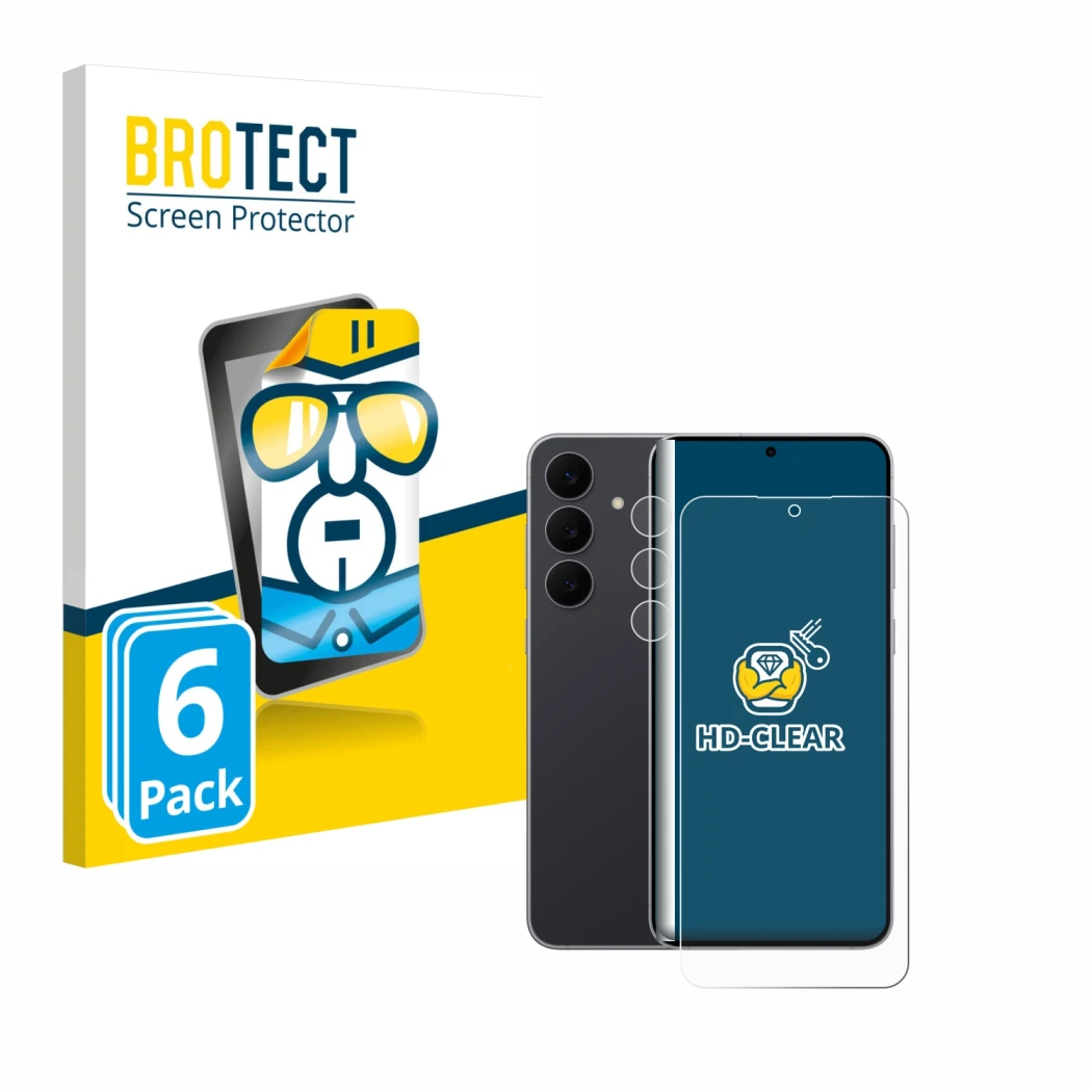 Face avant d’un emballage produit avec le logo de la marque BROTECT. À côté, l’appareil Samsung Galaxy S25 FE (Avant+Caméra) e