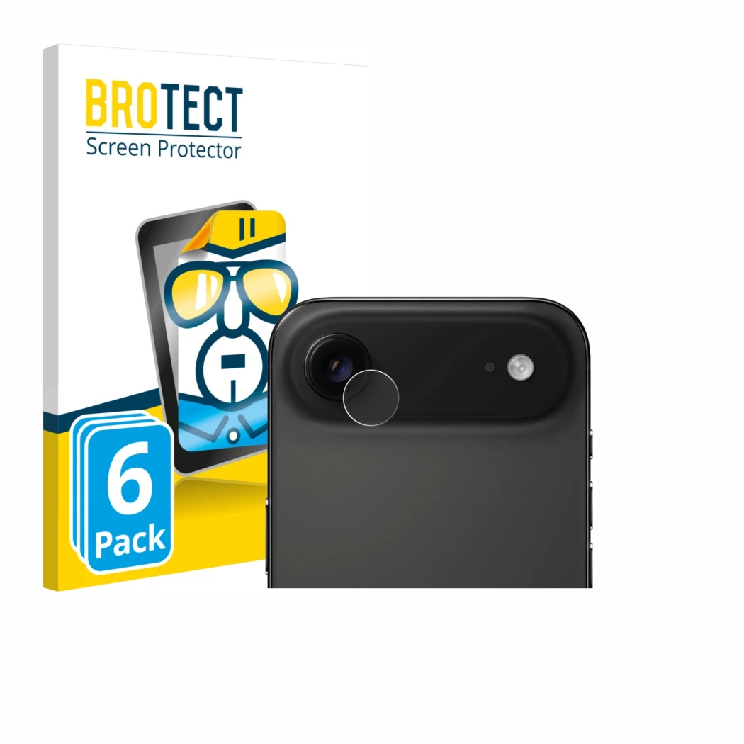 Face avant d’un emballage produit avec le logo de la marque BROTECT. À côté, l’appareil Apple iPhone Air (Caméra UNIQUEMENT) e