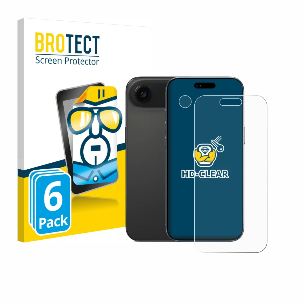 Face avant d’un emballage produit avec le logo de la marque BROTECT. À côté, l’appareil Apple iPhone Air (Avant+Caméra) est re