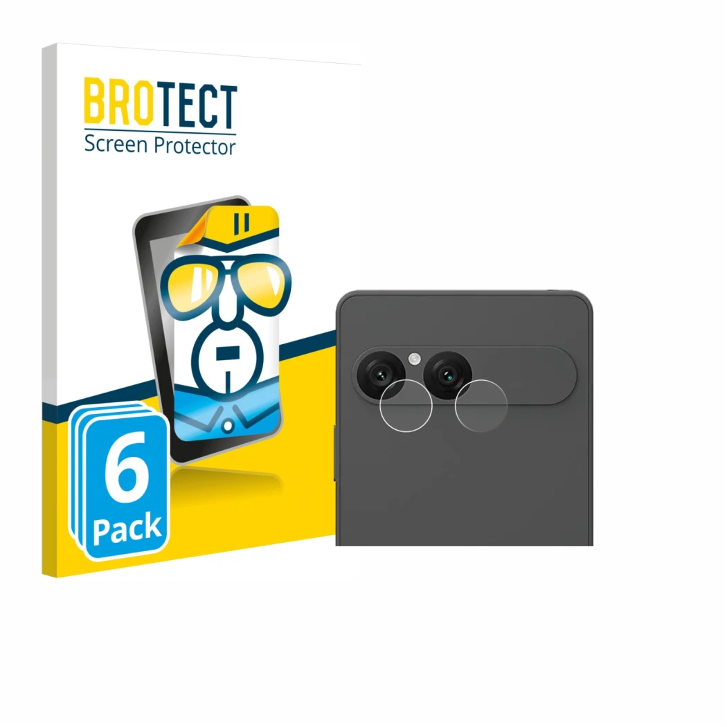 Face avant d’un emballage produit avec le logo de la marque BROTECT. À côté, l’appareil Sony Xperia 10 VII (Caméra UNIQUEMENT)