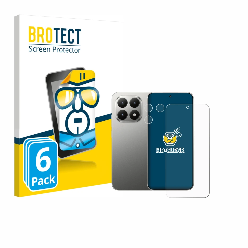 Face avant d’un emballage produit avec le logo de la marque BROTECT. À côté, l’appareil Xiaomi 15T (Avant+Caméra) est représen