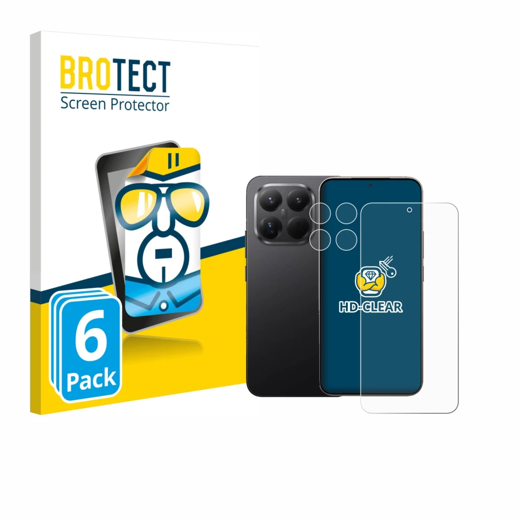 Face avant d’un emballage produit avec le logo de la marque BROTECT. À côté, l’appareil Xiaomi 15T Pro (Avant+Caméra) est repr