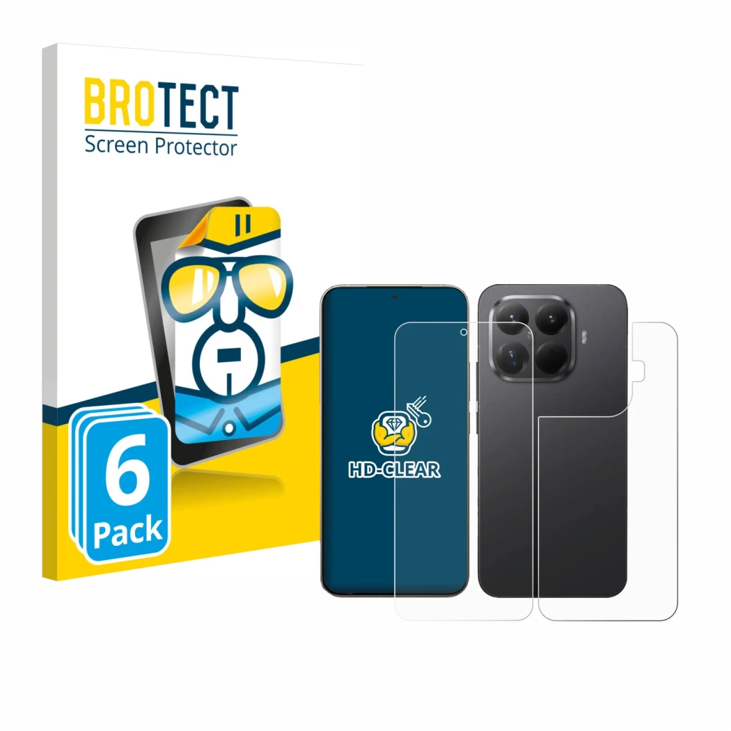 Face avant d’un emballage produit avec le logo de la marque BROTECT. À côté, l’appareil Xiaomi 15T Pro (Avant+Arrière) est rep