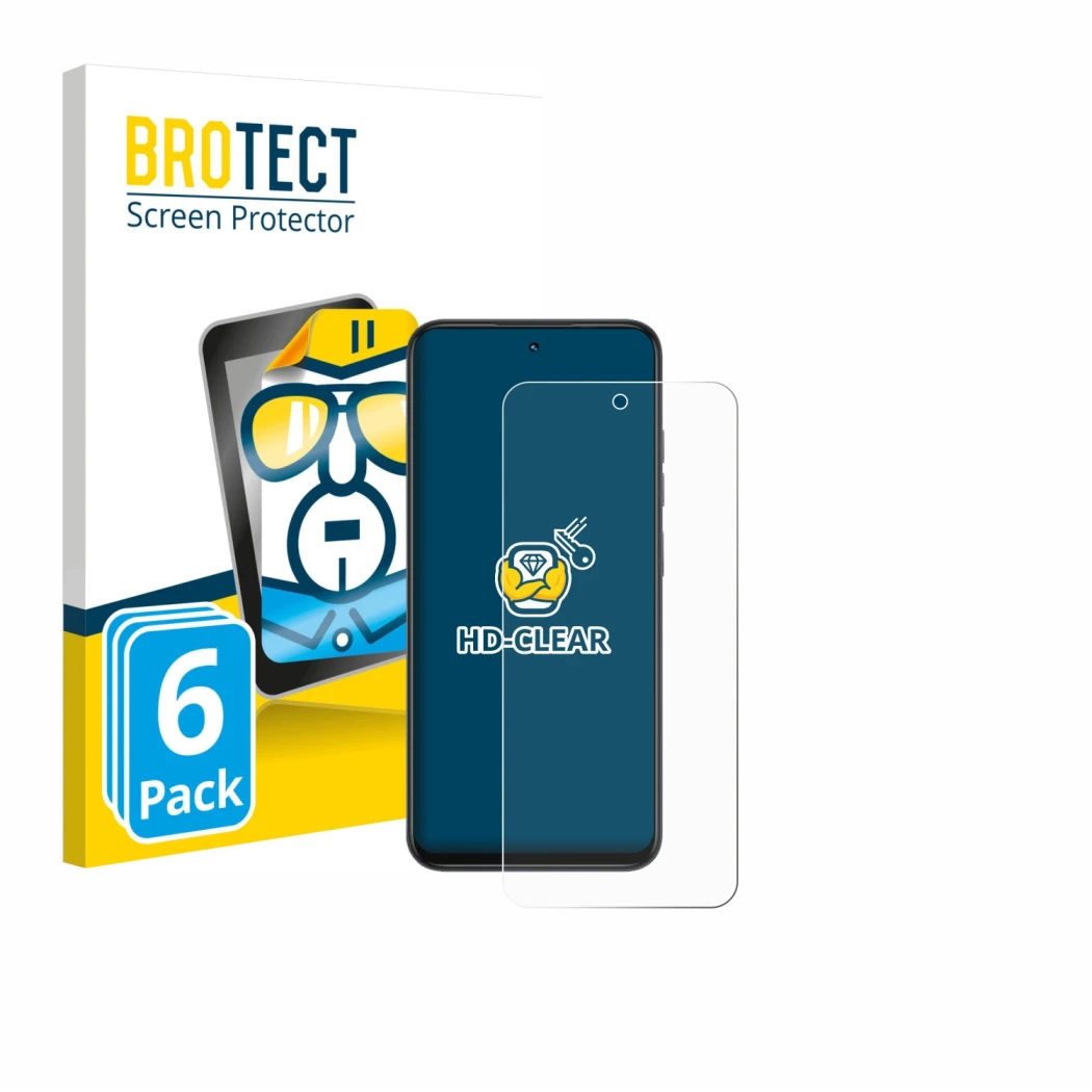 Face avant d’un emballage produit avec le logo de la marque BROTECT. À côté, l’appareil Infinix Smart 10 est représenté avec l