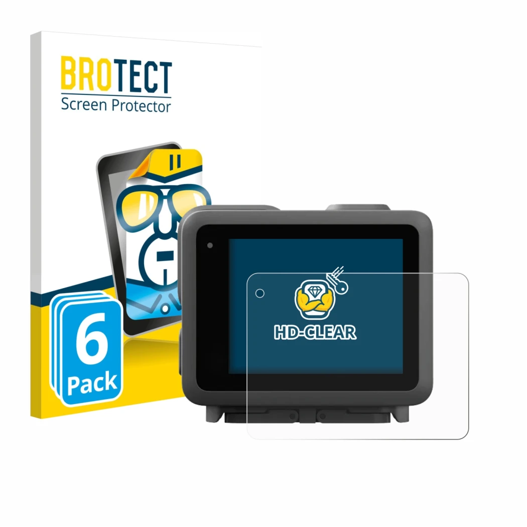 Face avant d’un emballage produit avec le logo de la marque BROTECT. À côté, l’appareil GoPro Lit Hero est représenté avec la 