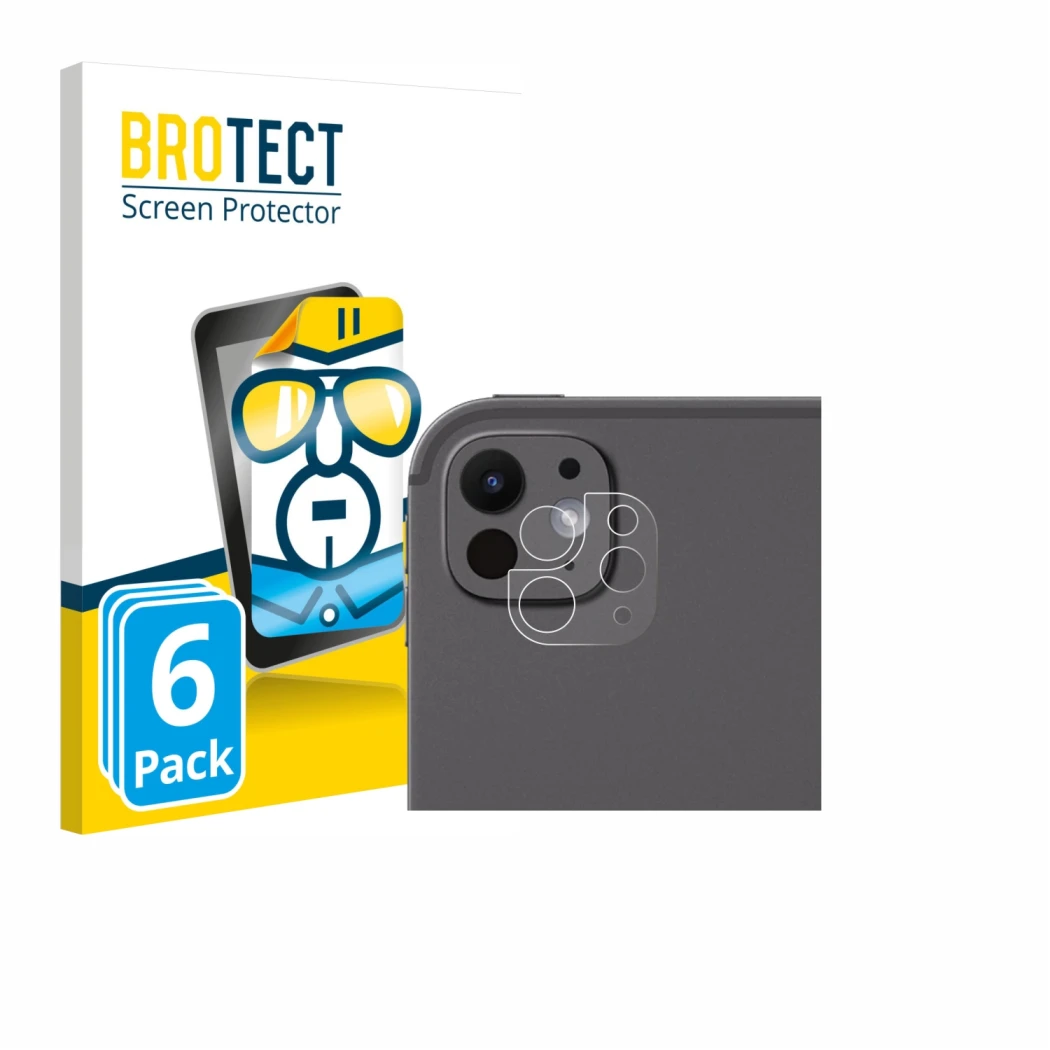 Face avant d’un emballage produit avec le logo de la marque BROTECT. À côté, l’appareil Apple iPad Pro 11