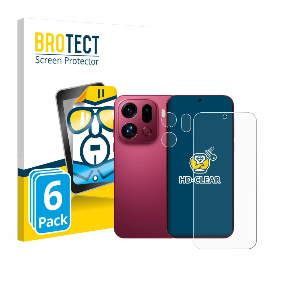 Face avant d’un emballage produit avec le logo de la marque BROTECT. À côté, l’appareil Oppo Find X9 Pro (Avant+Caméra) est re