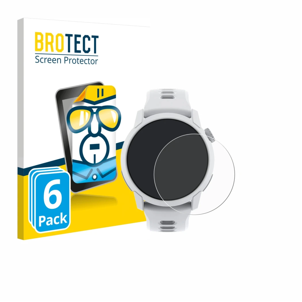 Face avant d’un emballage produit avec le logo de la marque BROTECT. À côté, l’appareil Coros Pace 4 est représenté avec la pr