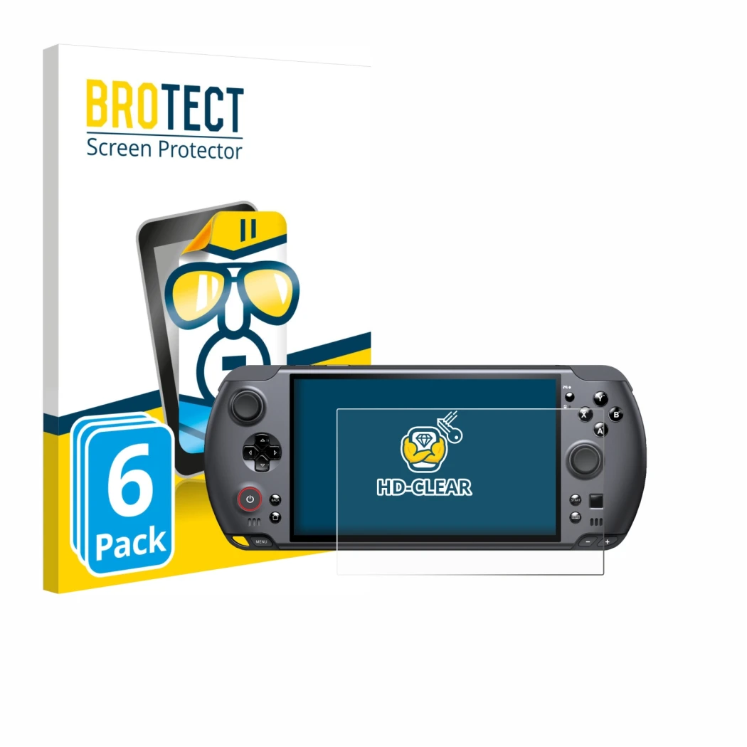 Face avant d’un emballage produit avec le logo de la marque BROTECT. À côté, l’appareil GPD Win 5 est représenté avec la prote