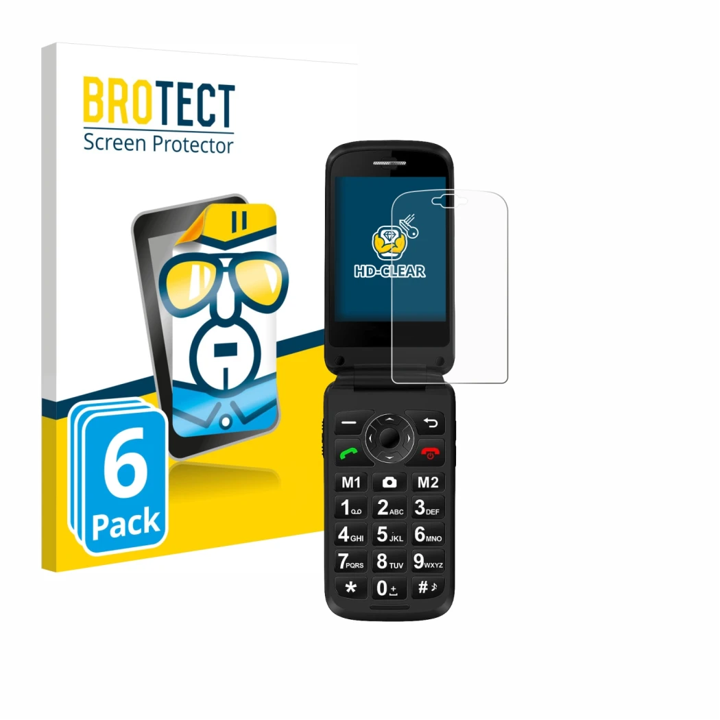 Face avant d’un emballage produit avec le logo de la marque BROTECT. À côté, l’appareil Simvalley Mobile XL-970 est représenté