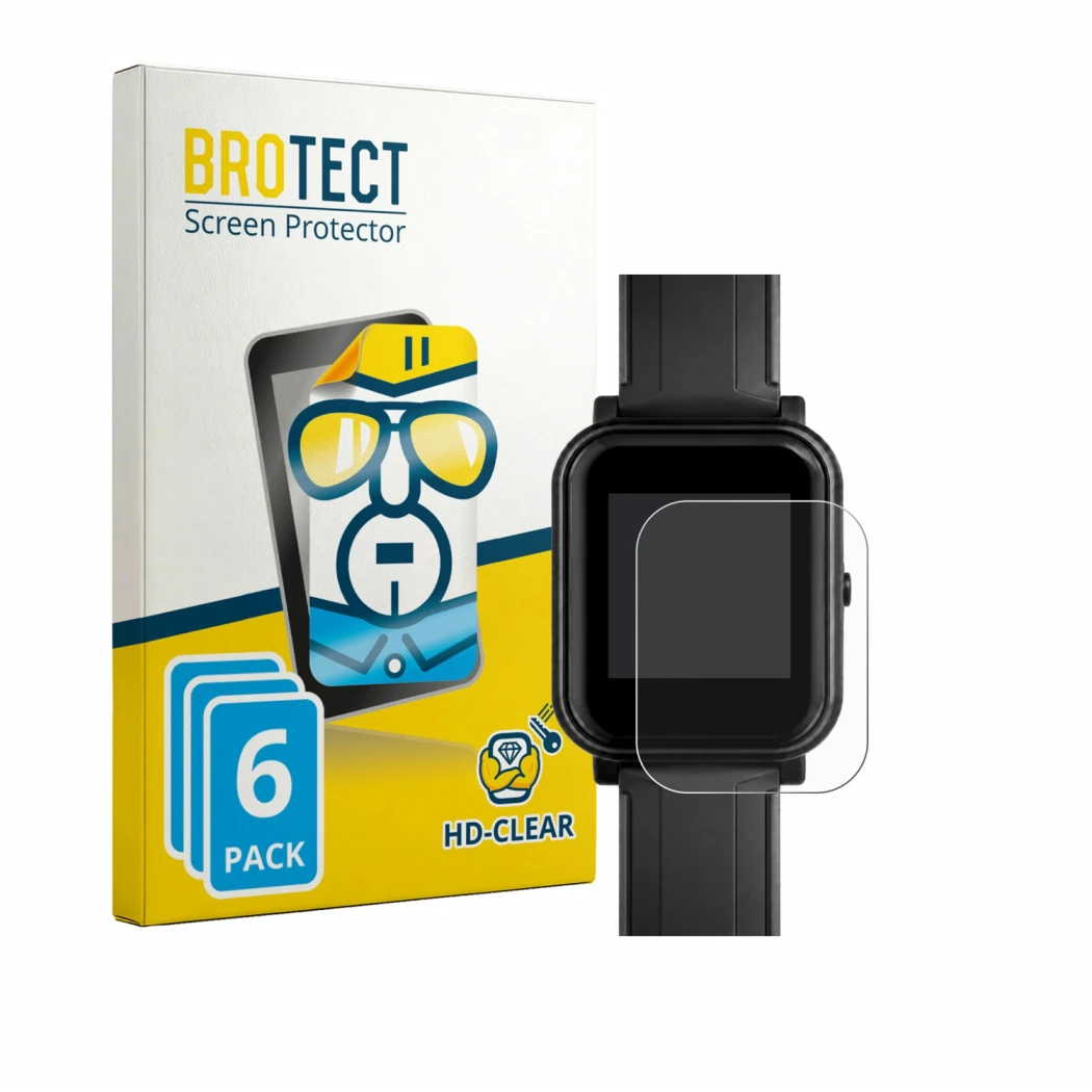 Face avant d’un emballage produit avec le logo de la marque BROTECT. À côté, l’appareil Bangle.js 2 est représenté avec la pro