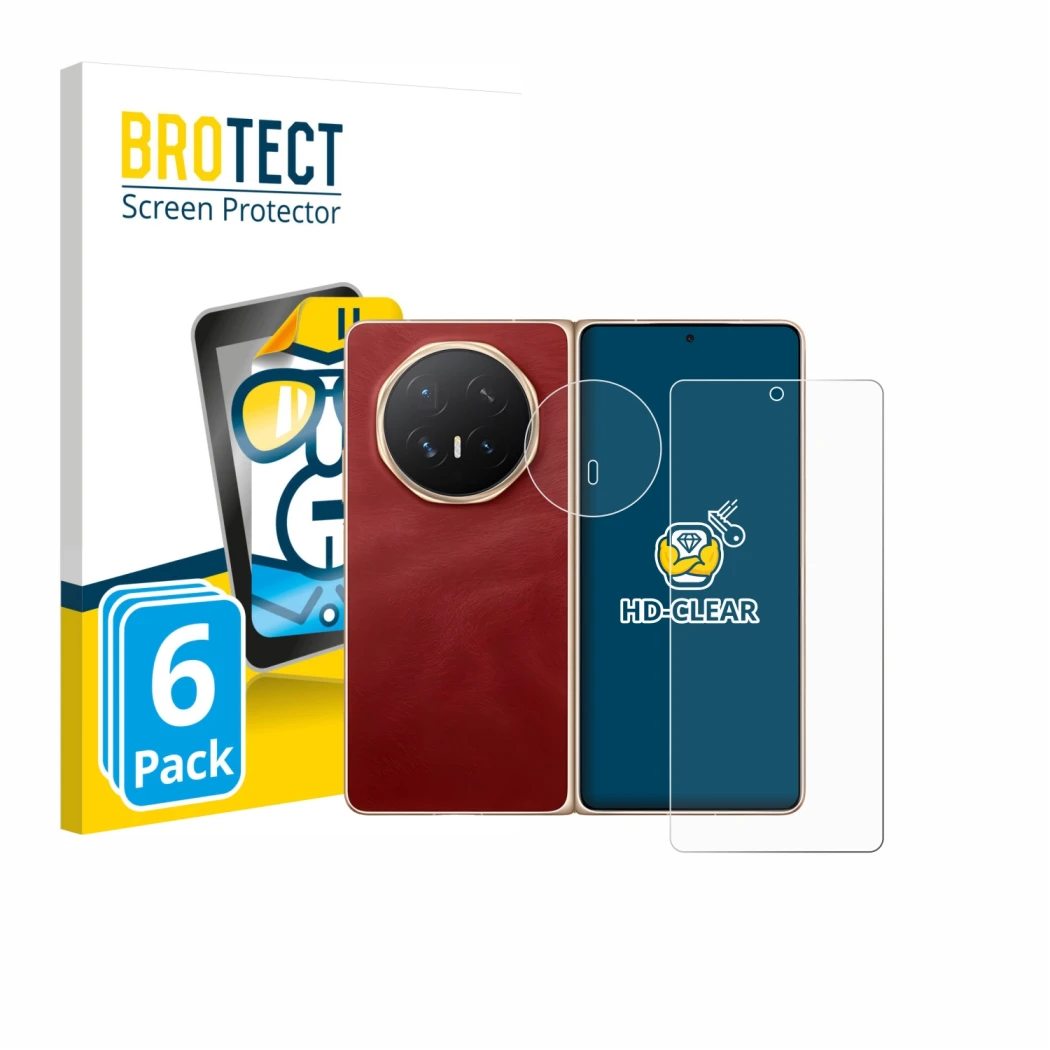 Face avant d’un emballage produit avec le logo de la marque BROTECT. À côté, l’appareil Honor Magic V6 (Avant+Caméra) est repr