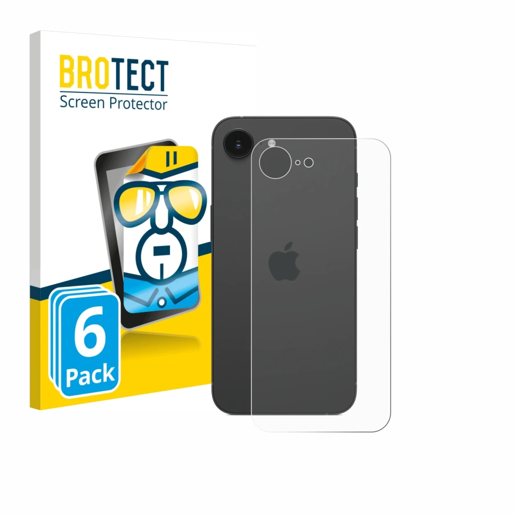 Face avant d’un emballage produit avec le logo de la marque BROTECT. À côté, l’appareil Apple iPhone 17e (Arrière) est représe