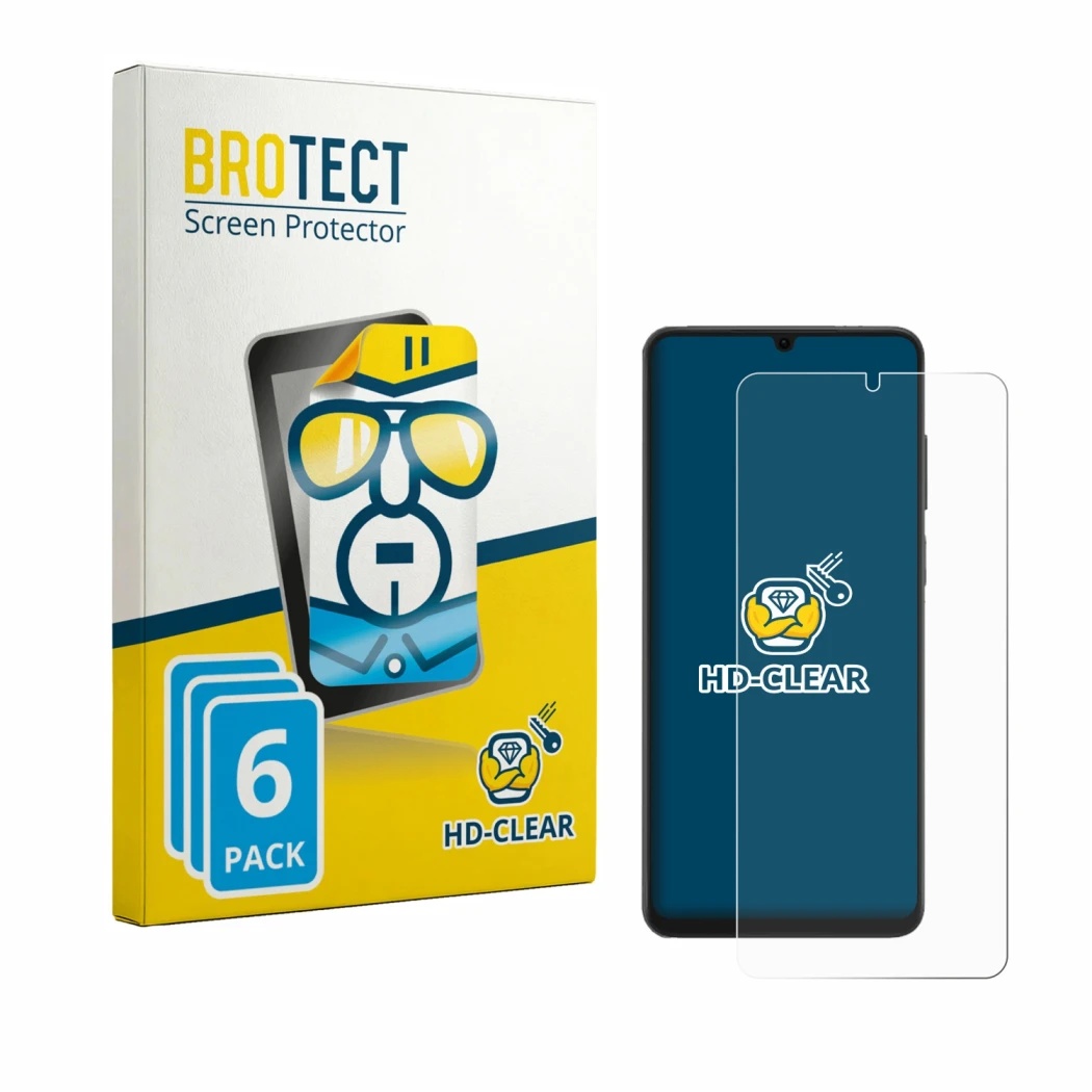Face avant d’un emballage produit avec le logo de la marque BROTECT. À côté, l’appareil Honor X6d est représenté avec la prote