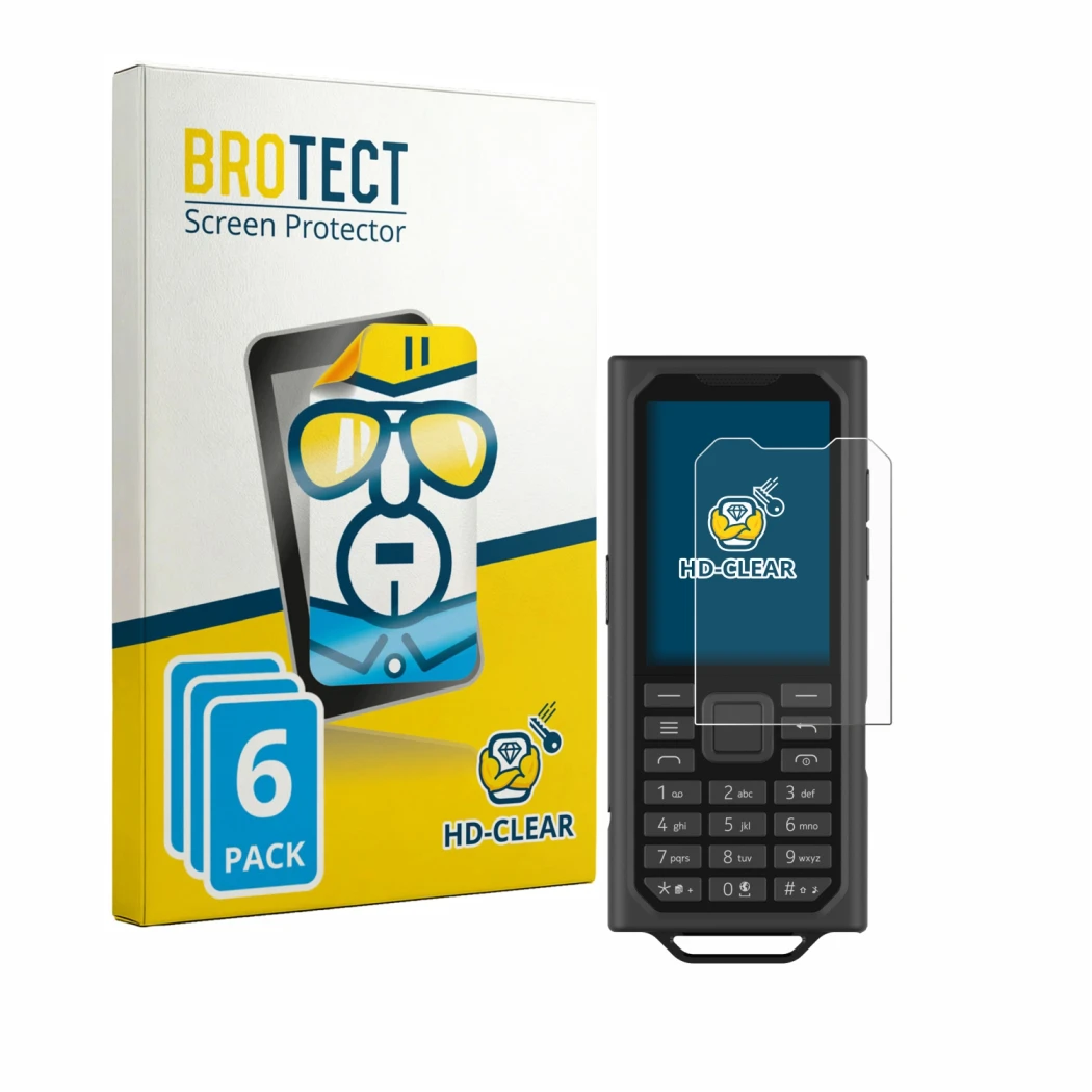 Face avant d’un emballage produit avec le logo de la marque BROTECT. À côté, l’appareil HMD Terra M est représenté avec la pro