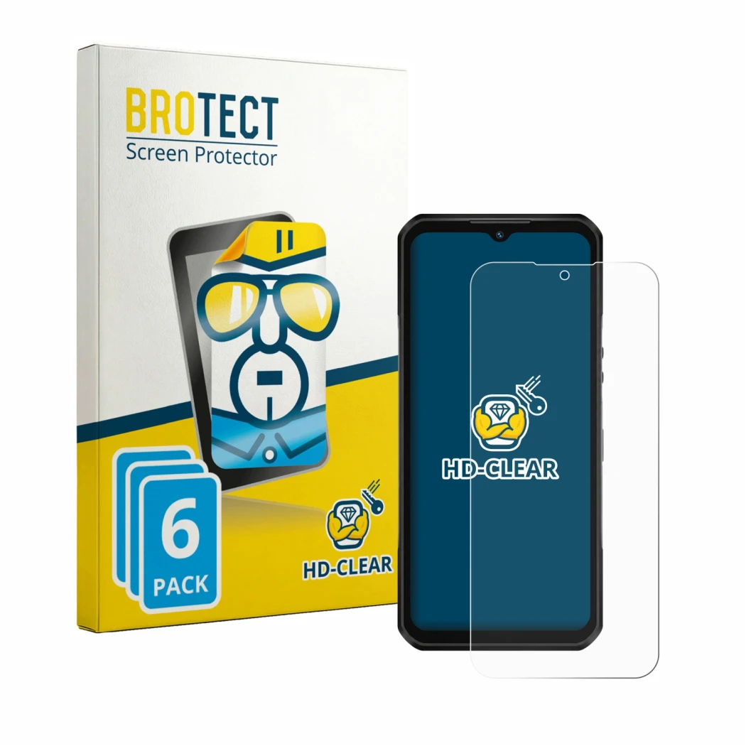 Face avant d’un emballage produit avec le logo de la marque BROTECT. À côté, l’appareil Oukitel WP66 est représenté avec la pr