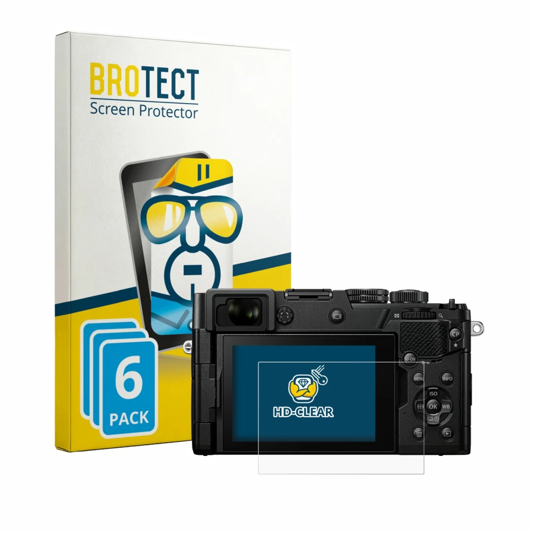 Face avant d’un emballage produit avec le logo de la marque BROTECT. À côté, l’appareil OM System PEN est représenté avec la p