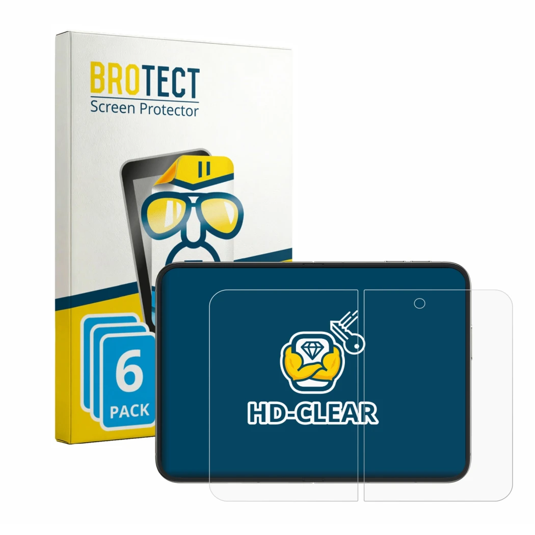 Face avant d’un emballage produit avec le logo de la marque BROTECT. À côté, l’appareil Apple iPhone Duo (Affichage interne) e