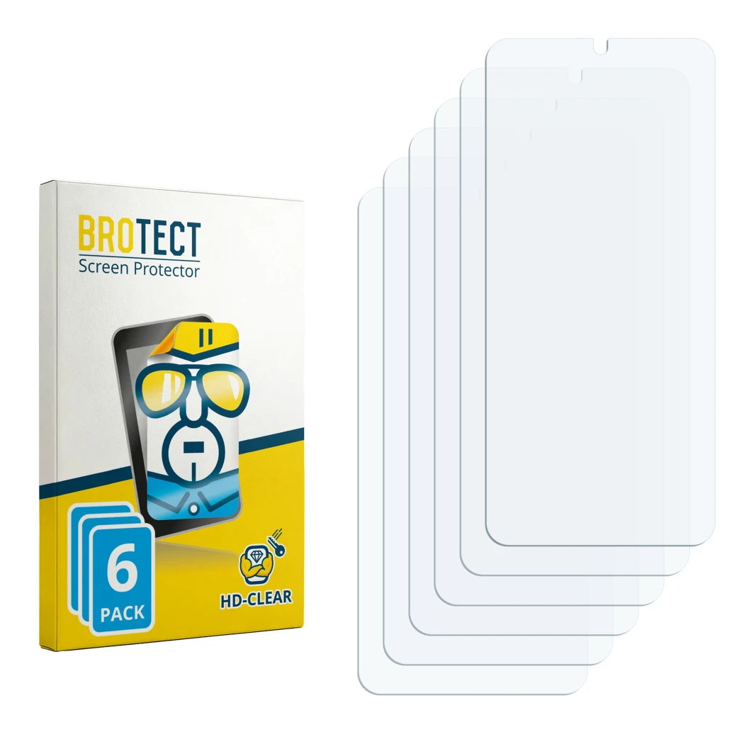 Face avant d’un emballage produit avec le logo de la marque BROTECT. À côté se trouve la protection d’écran correspondante.