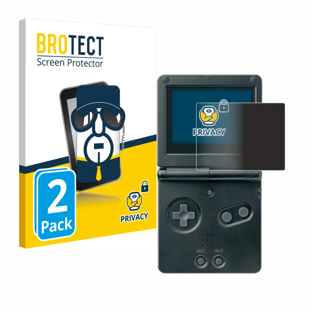 Face avant d’un emballage produit avec le logo de la marque BROTECT. À côté, l’appareil Nintendo Gameboy Advance GBA SP est re