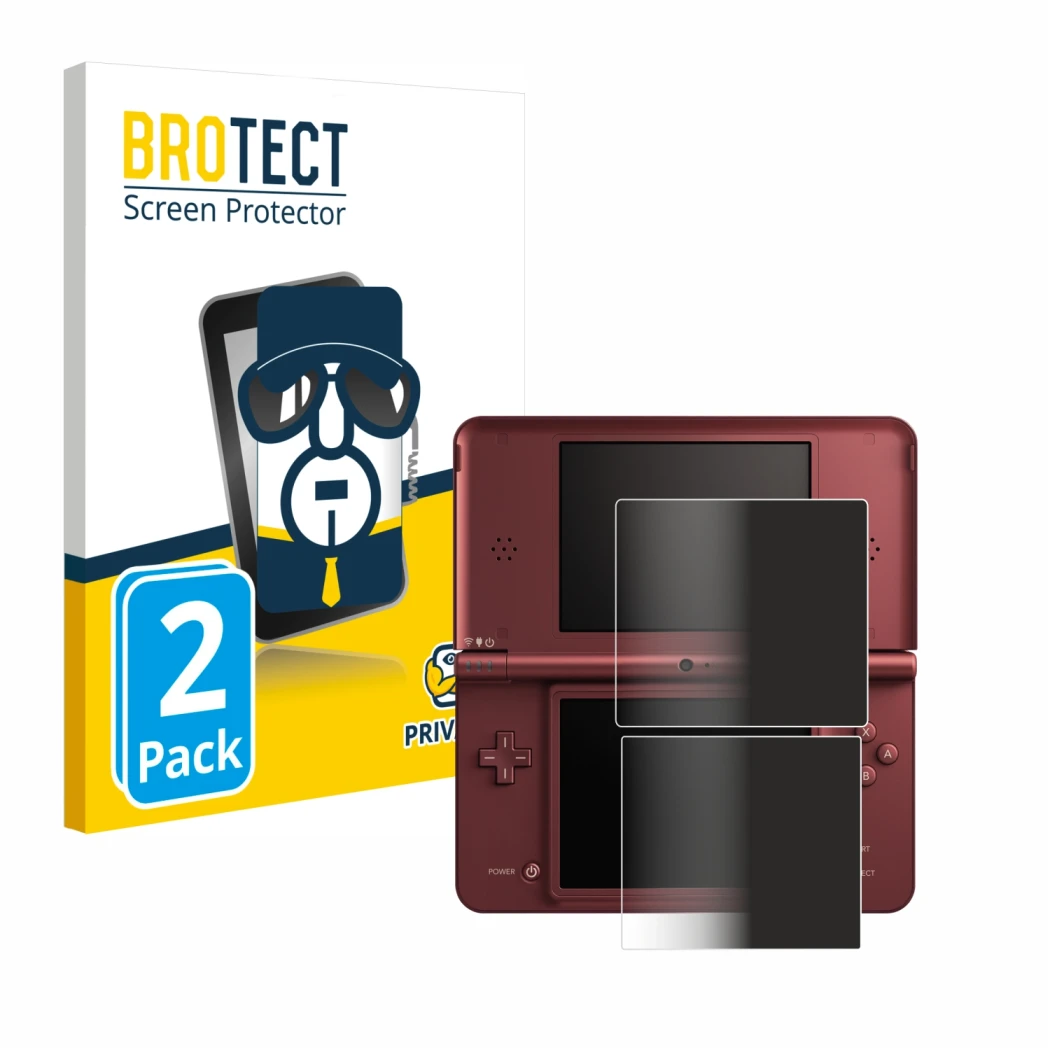 Face avant d’un emballage produit avec le logo de la marque BROTECT. À côté, l’appareil Nintendo DSi XL est représenté avec la