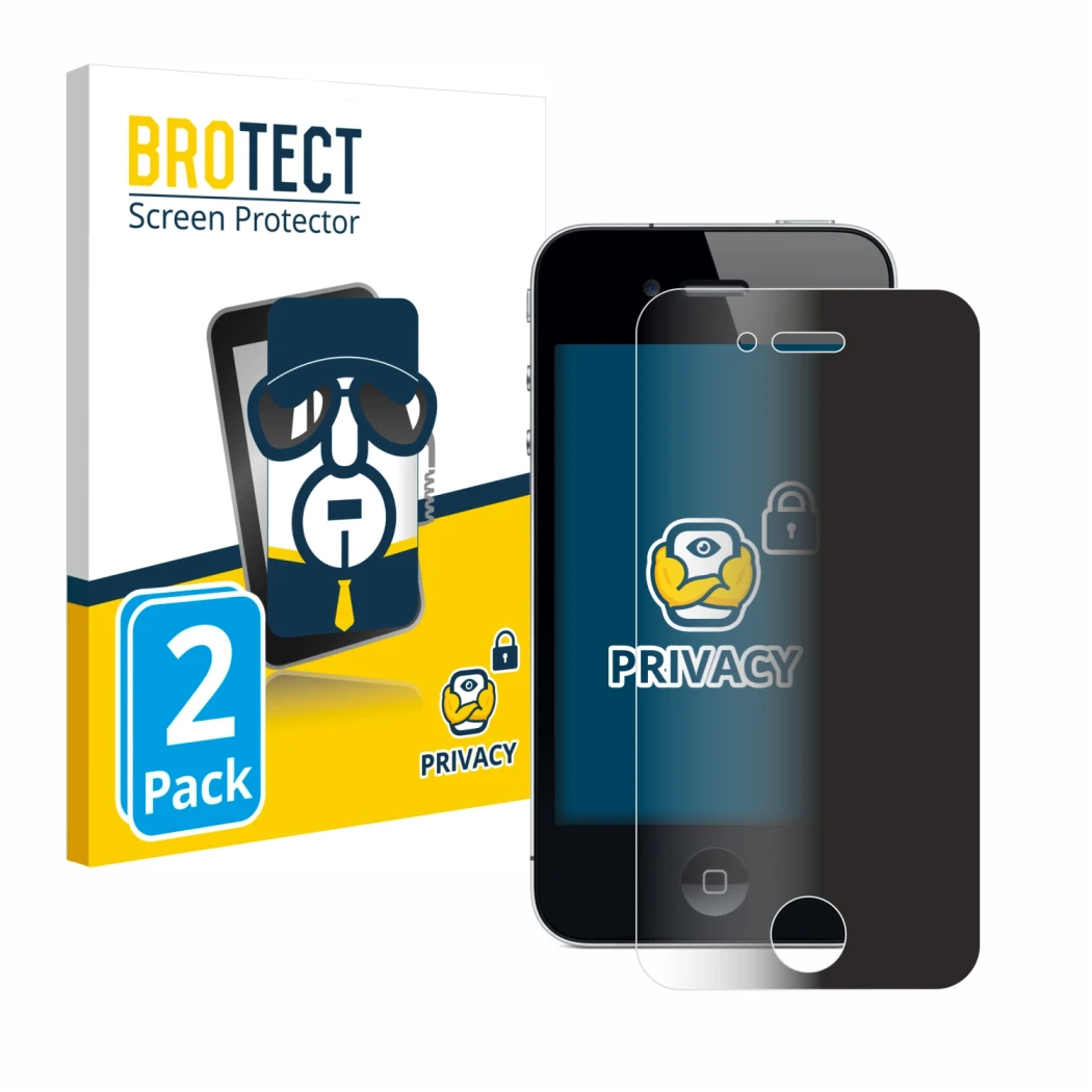 Face avant d’un emballage produit avec le logo de la marque BROTECT. À côté, l’appareil Apple iPhone 4 est représenté avec la 