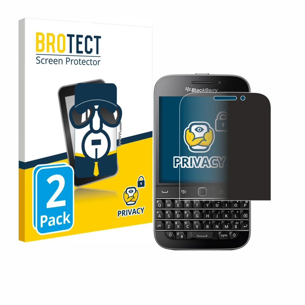 Face avant d’un emballage produit avec le logo de la marque BROTECT. À côté, l’appareil Blackberry Classic Q20 est représenté 