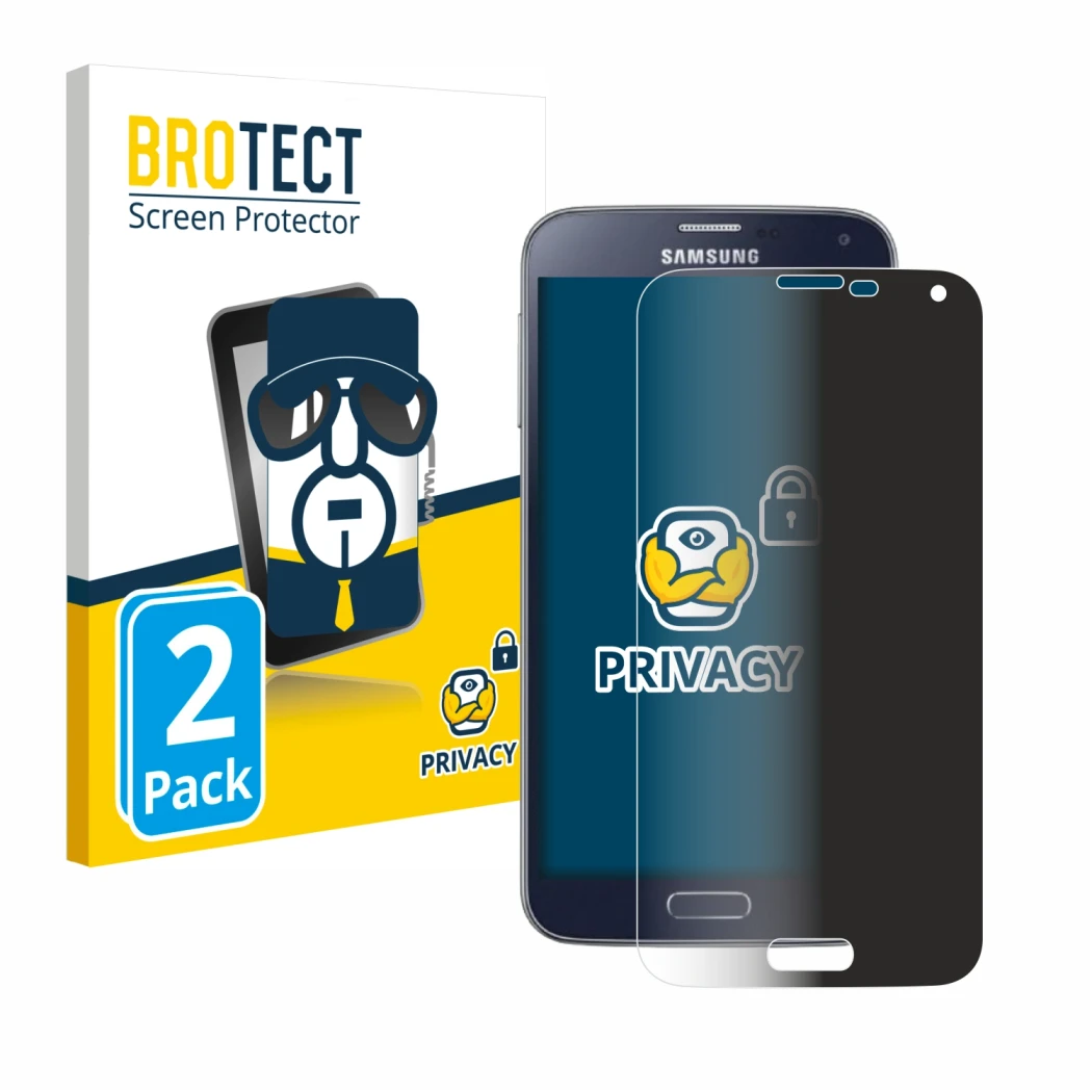 Face avant d’un emballage produit avec le logo de la marque BROTECT. À côté, l’appareil Samsung Galaxy S5 Neo est représenté a