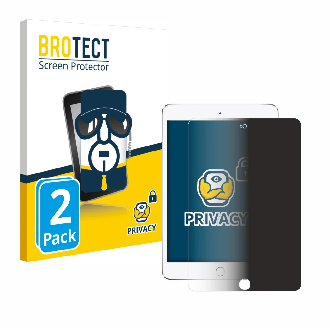 Face avant d’un emballage produit avec le logo de la marque BROTECT. À côté, l’appareil Apple iPad Mini 4 2015 est représenté 