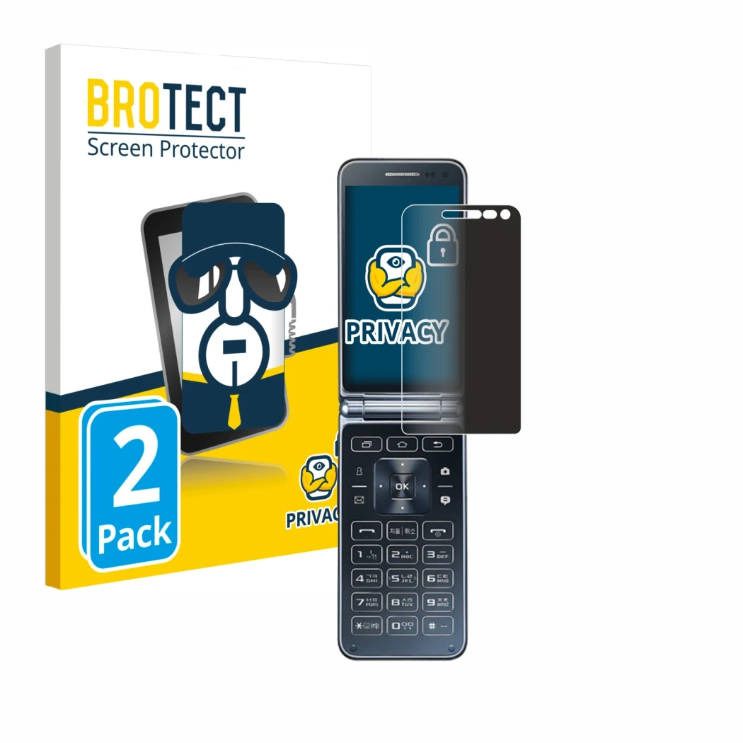 Face avant d’un emballage produit avec le logo de la marque BROTECT. À côté, l’appareil Samsung Galaxy Folder 2 est représenté