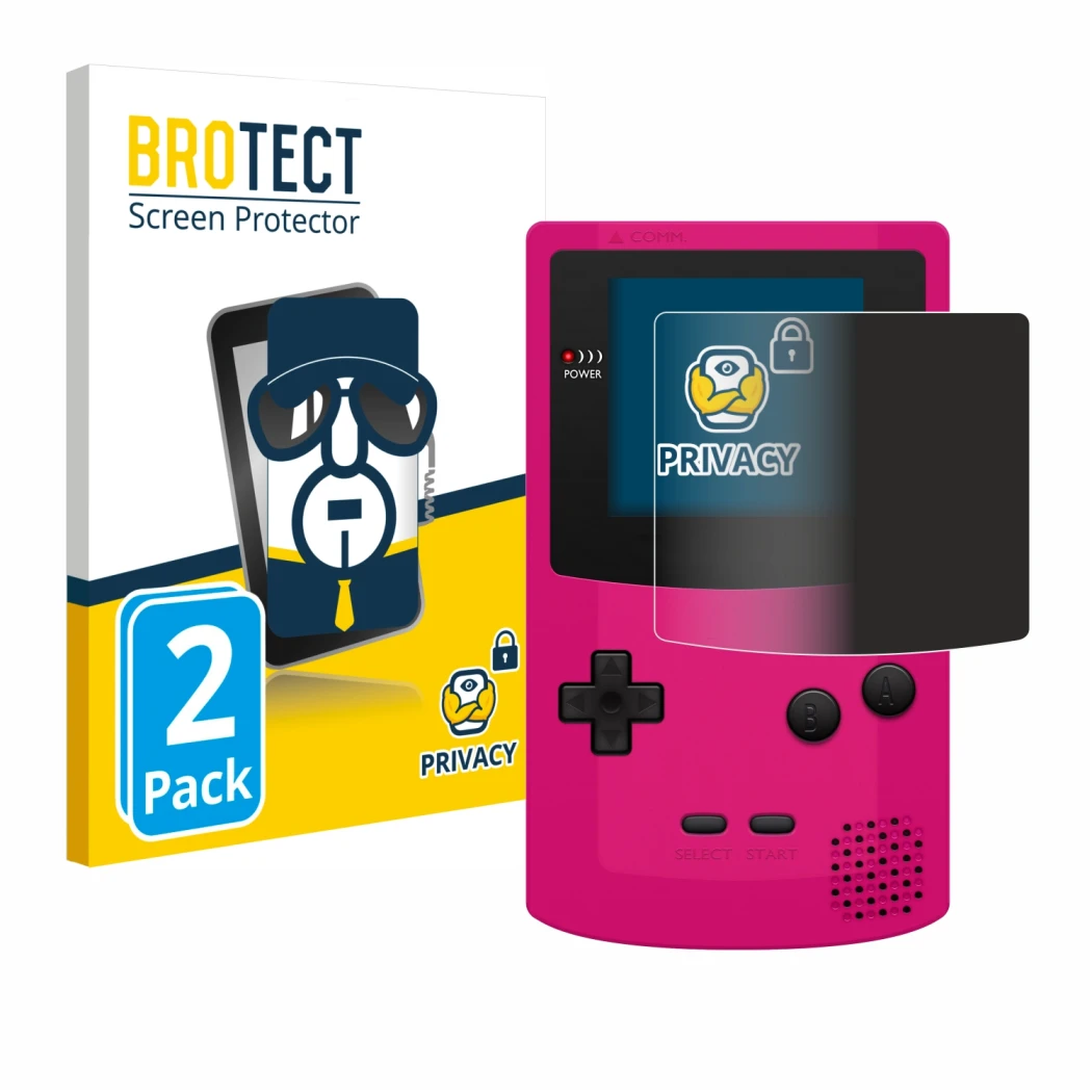 Face avant d’un emballage produit avec le logo de la marque BROTECT. À côté, l’appareil Nintendo Gameboy Color est représenté 