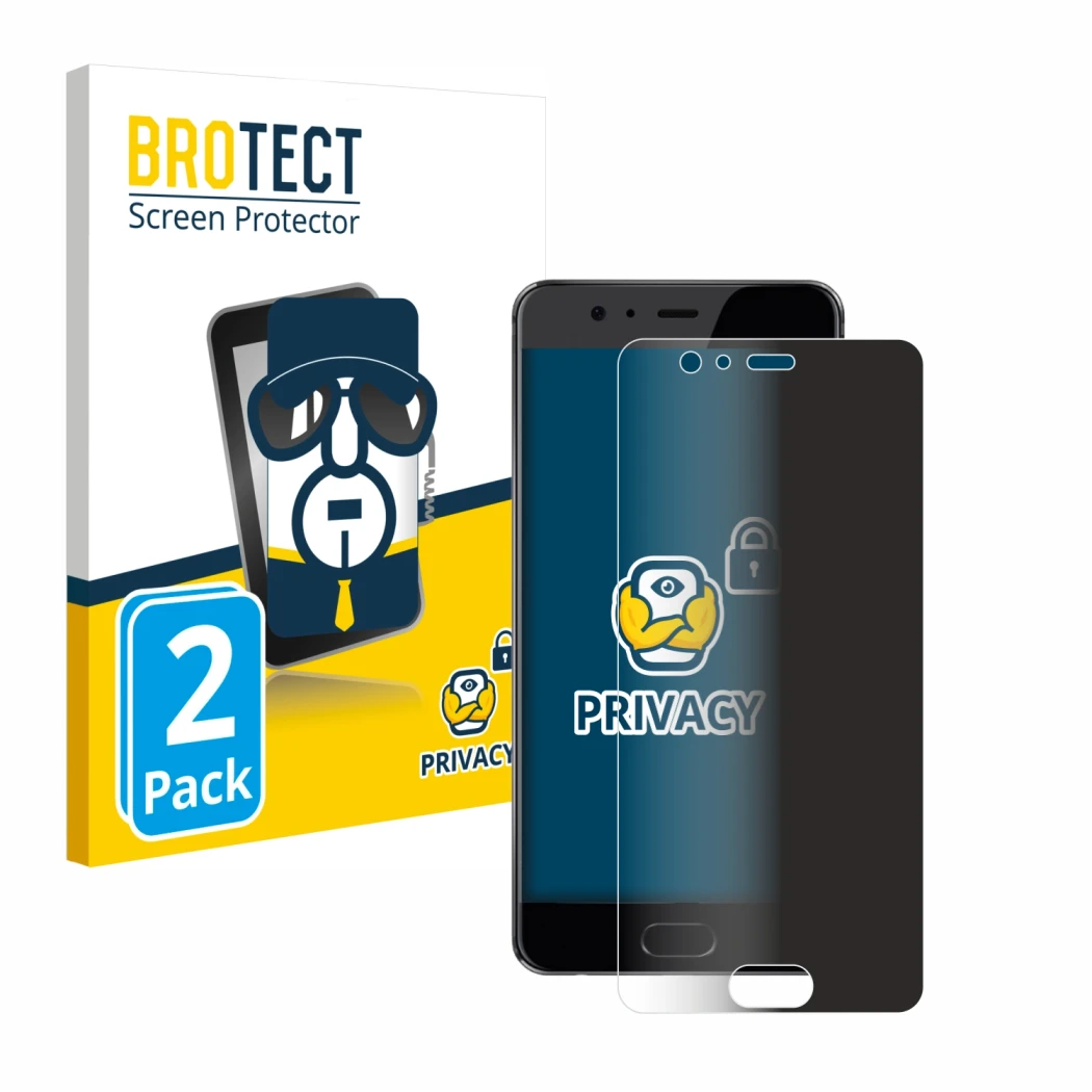Face avant d’un emballage produit avec le logo de la marque BROTECT. À côté, l’appareil Huawei P10 Plus est représenté avec la