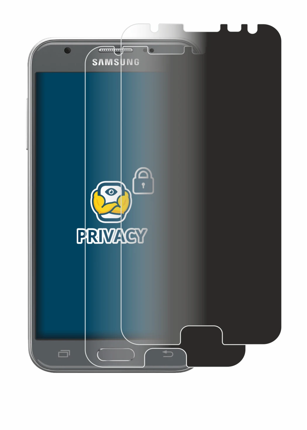 Image de l'appareil Samsung Galaxy J3 2017 avec une grande variété de protections d'écran.