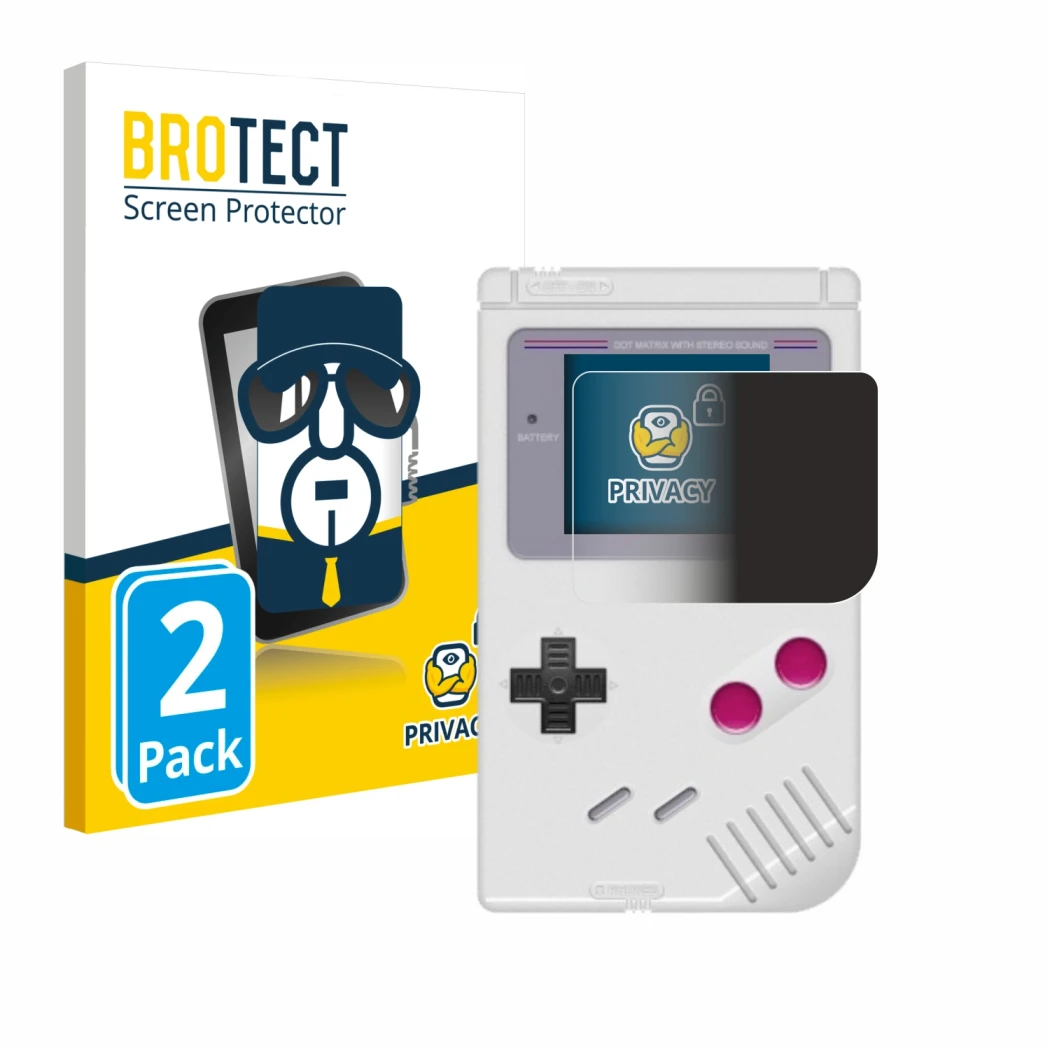 Face avant d’un emballage produit avec le logo de la marque BROTECT. À côté, l’appareil Nintendo Gameboy (1989) est représenté