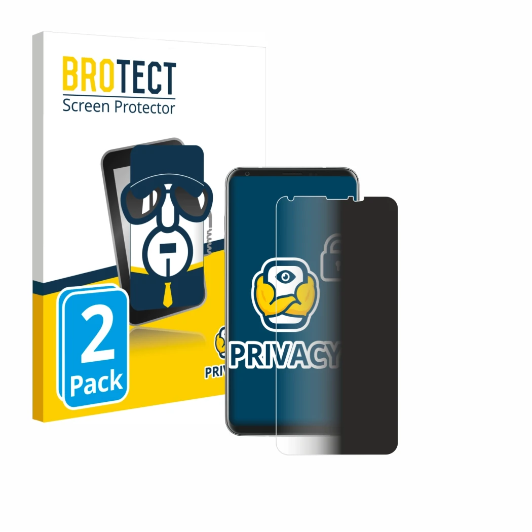 Face avant d’un emballage produit avec le logo de la marque BROTECT. À côté, l’appareil LG V30 est représenté avec la protecti