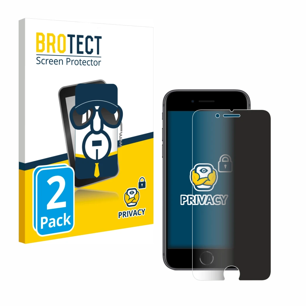 Face avant d’un emballage produit avec le logo de la marque BROTECT. À côté, l’appareil Apple iPhone 8 est représenté avec la 