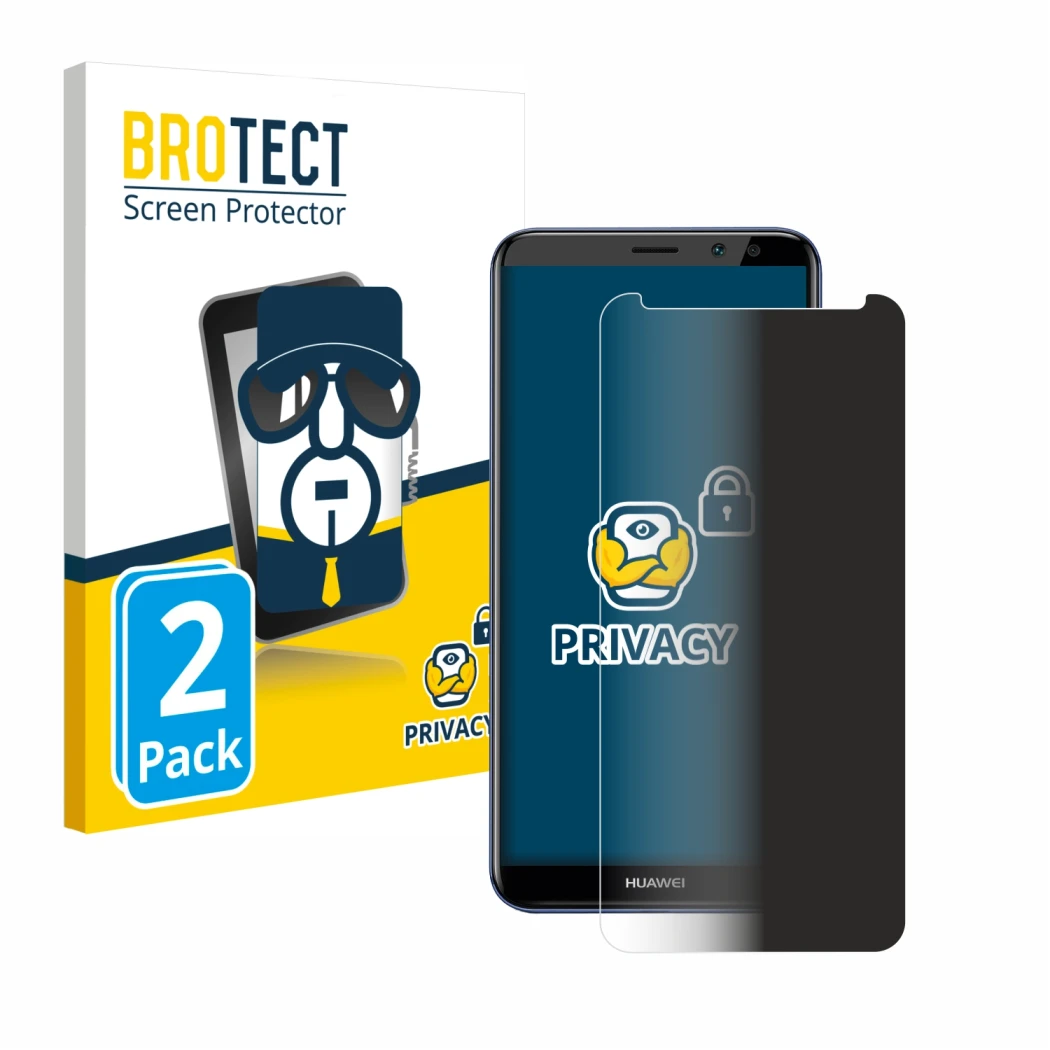 Face avant d’un emballage produit avec le logo de la marque BROTECT. À côté, l’appareil Huawei Mate 10 Lite est représenté ave