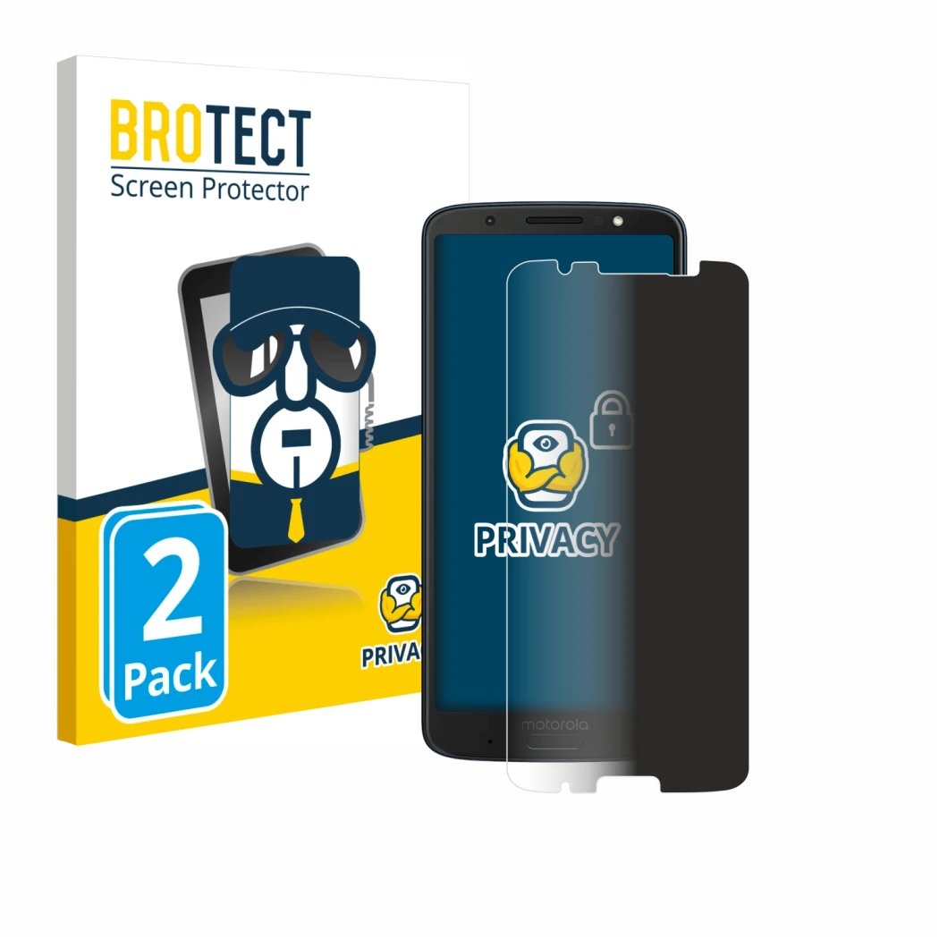 Face avant d’un emballage produit avec le logo de la marque BROTECT. À côté, l’appareil Motorola Moto G6 Plus est représenté a